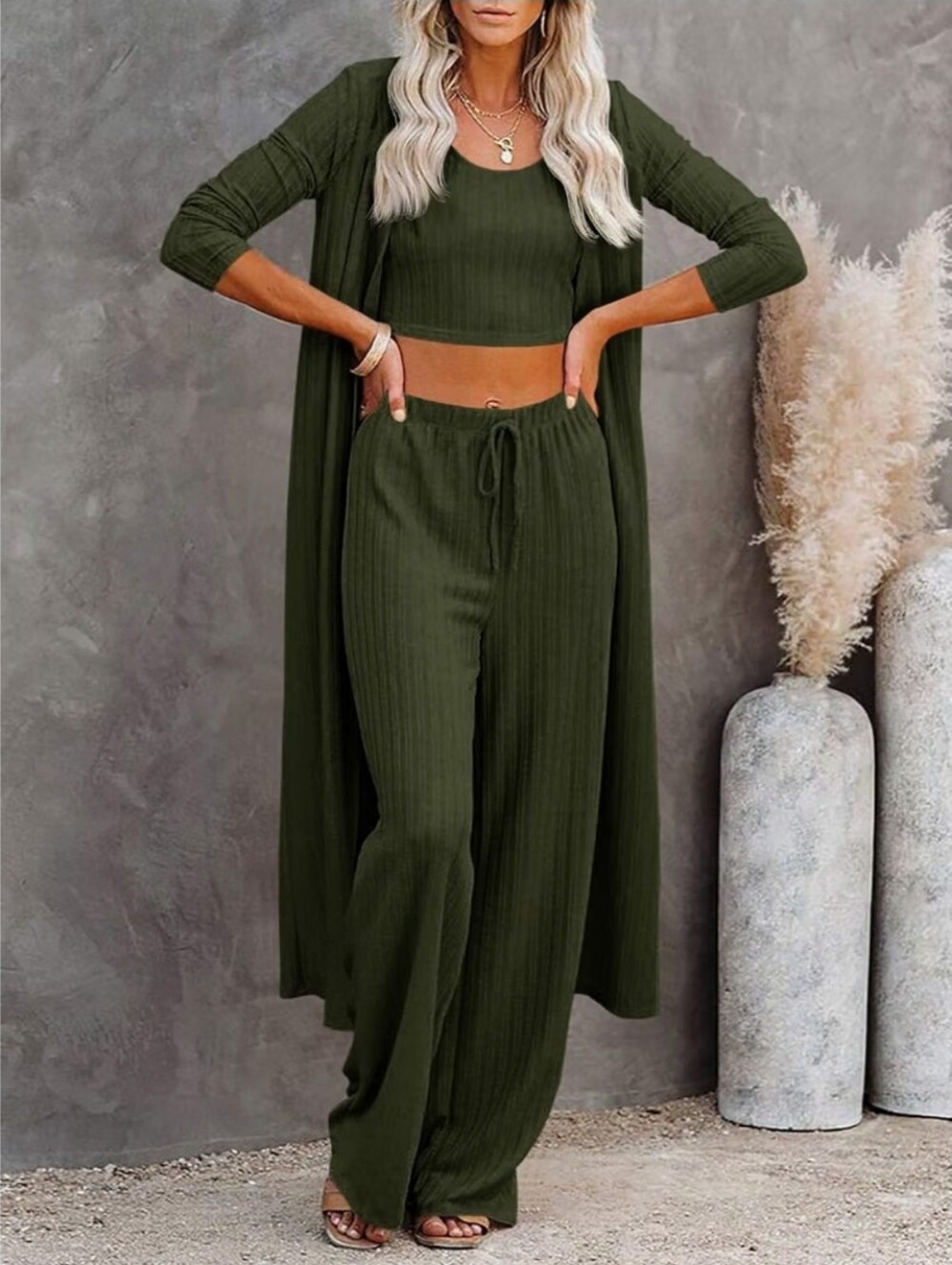 3pcs Army Green Lounge Set Long Sleeve Cardigan Sleeveless Top Pants Sweatsuit
